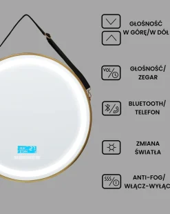 Lustro łazienkowe LED DAROIS 60 cm 60 cm Wbudowany głośnik Bluetooth Złoty