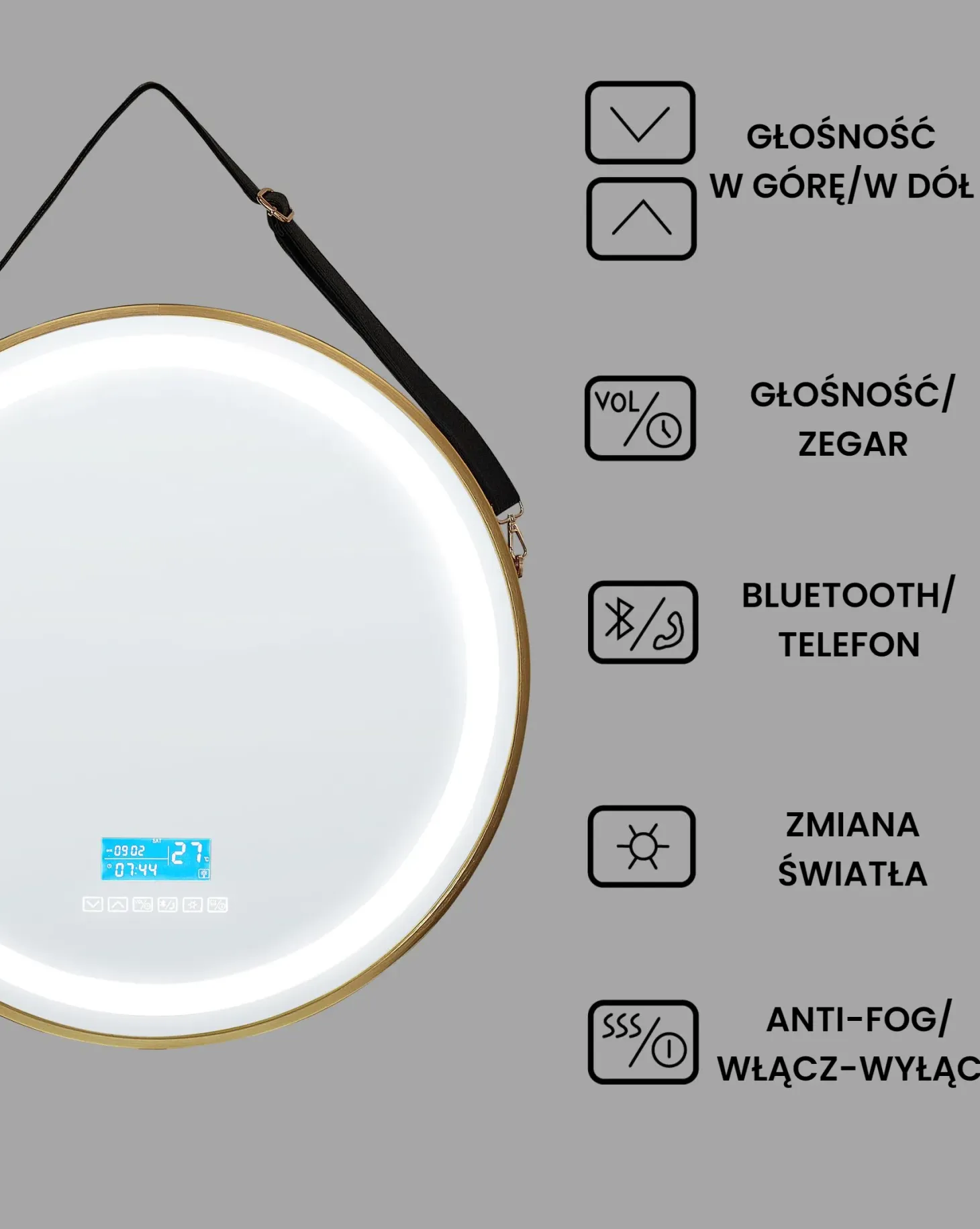 Lustro łazienkowe LED DAROIS 60 cm 60 cm Wbudowany głośnik Bluetooth Złoty