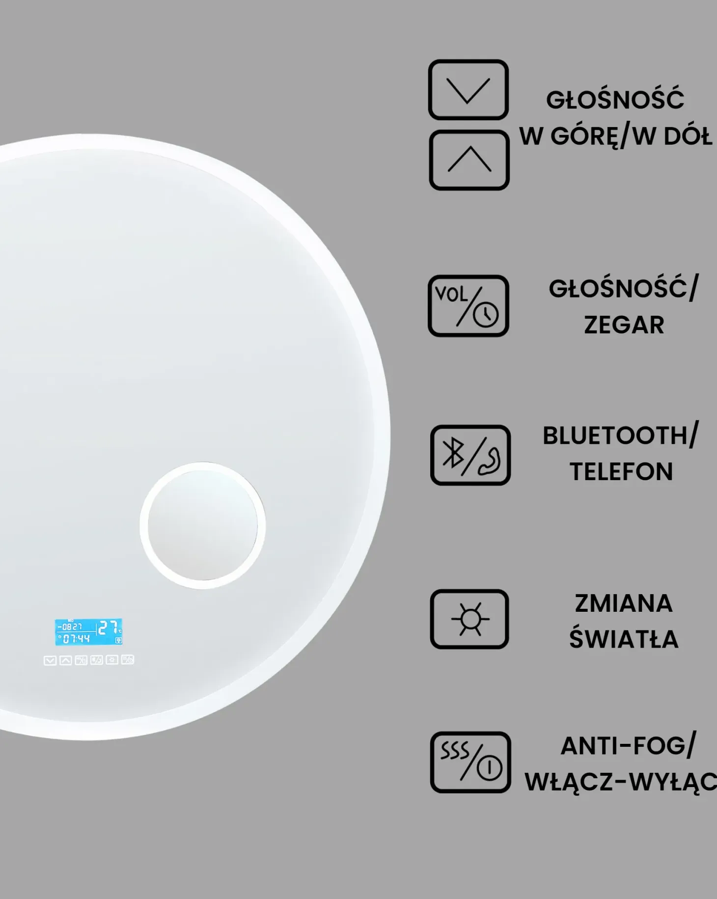 Lustro łazienkowe LED FIXIN 80 cm 80 cm Wbudowany głośnik Bluetooth Srebrny