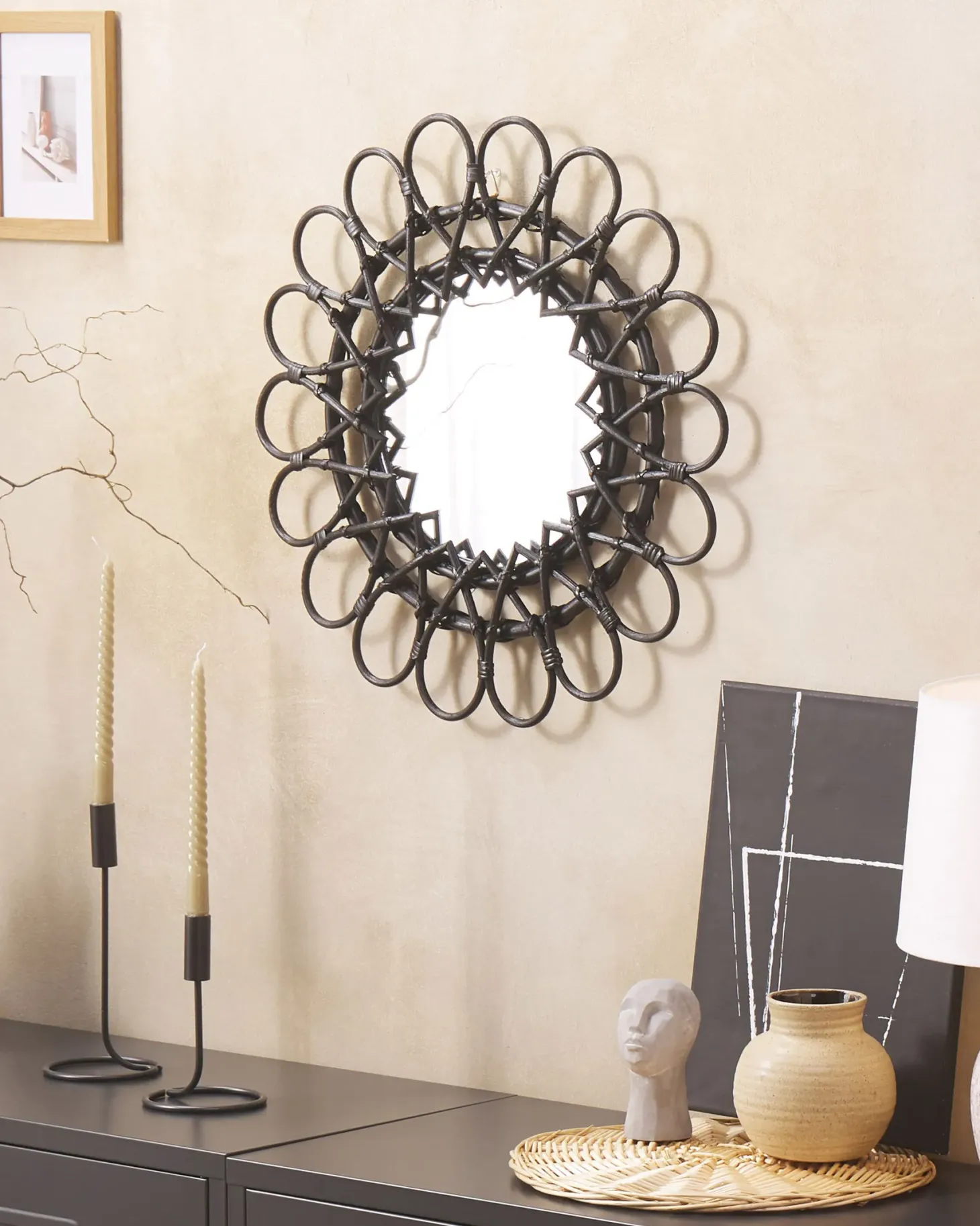 Lustro ścienne BABAI 60 cm 60 cm Rattan Czarny