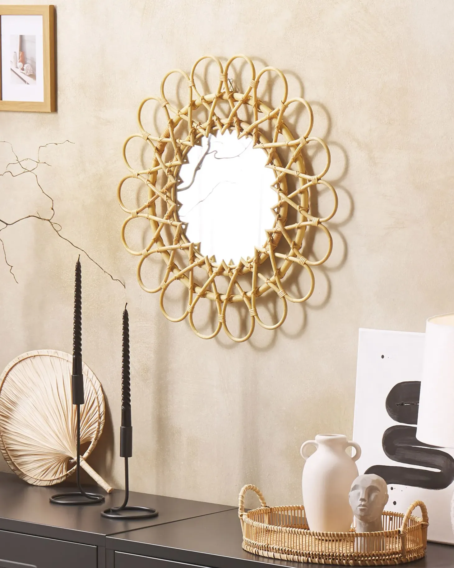 Lustro ścienne BABAI 60 cm 60 cm Rattan Naturalny
