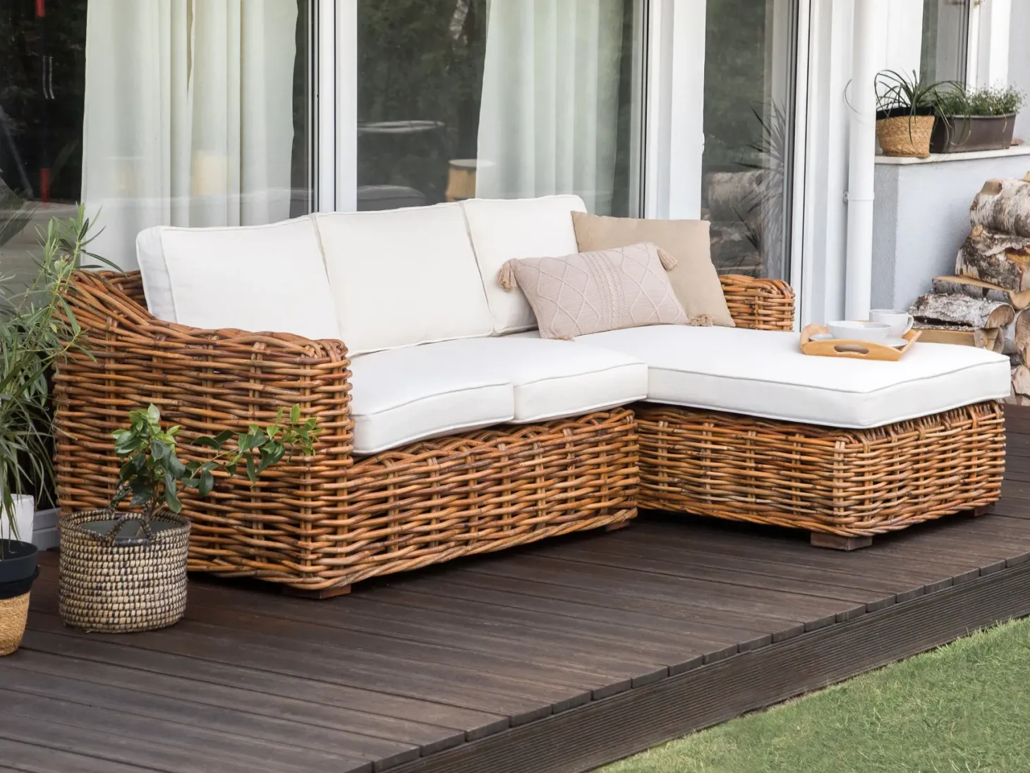 Narożnik ogrodowy dla 3 osób BRIATICO Lewostronny Rattan Naturalny