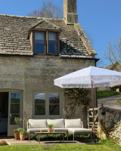 Narożnik ogrodowy ze stolikiem dla 3 osób LEFFE Lewostronny Beżowy Metal