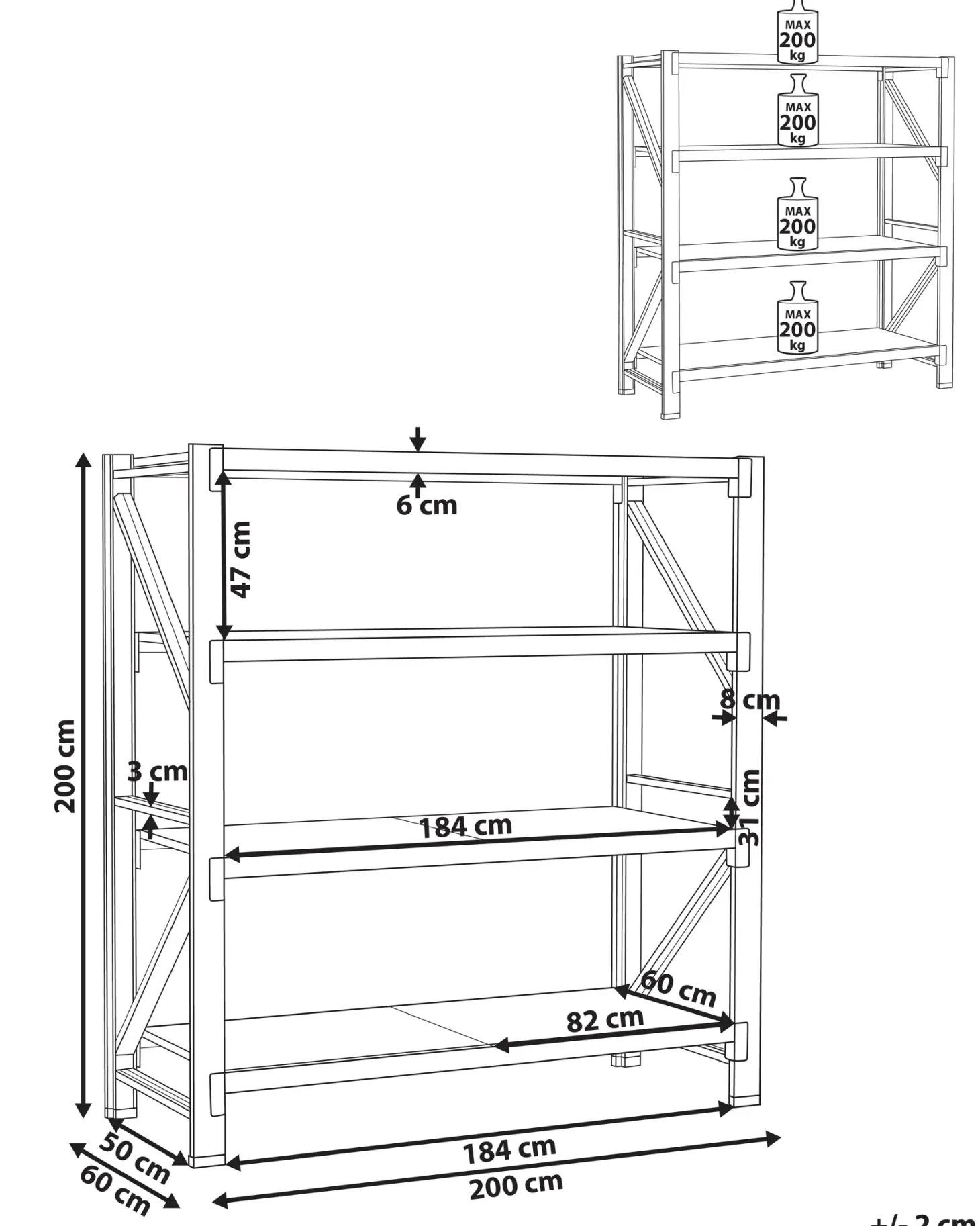 Regał magazynowy FIUGGI Metal 200 cm 200 cm Czarny