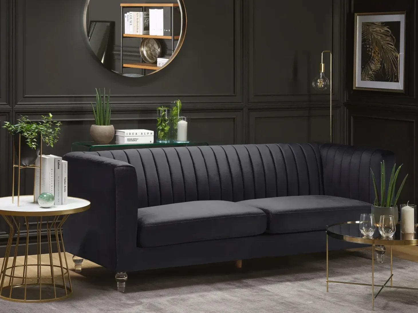 Discount Sofa dla 3 osób ARVIKA Welur Czarny Sofy Tapicerowane|Wszystkie Sofy