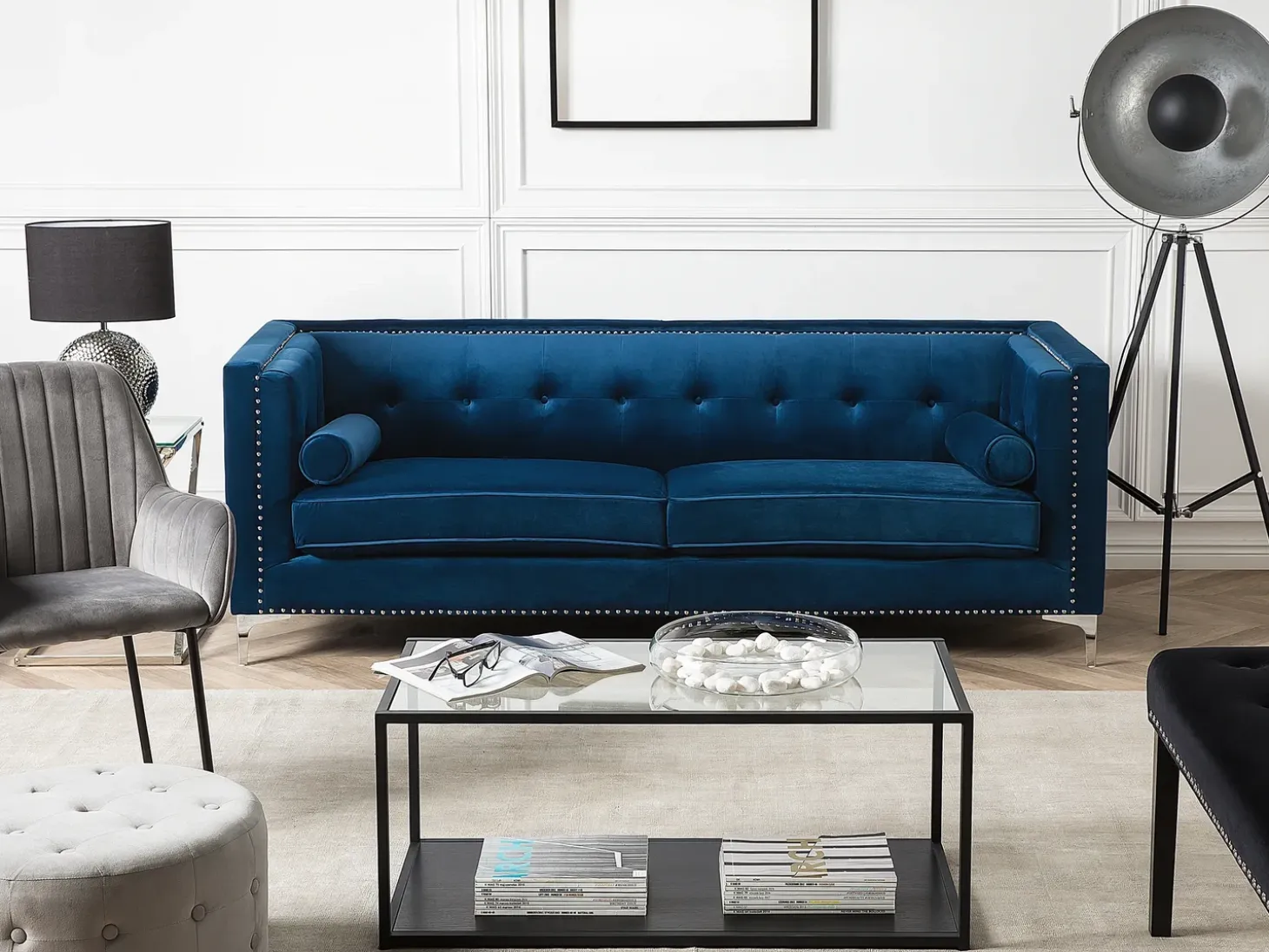 Hot Sofa dla 3 osób AVALDSENES Welur Granatowy Sofy Tapicerowane|Wszystkie Sofy