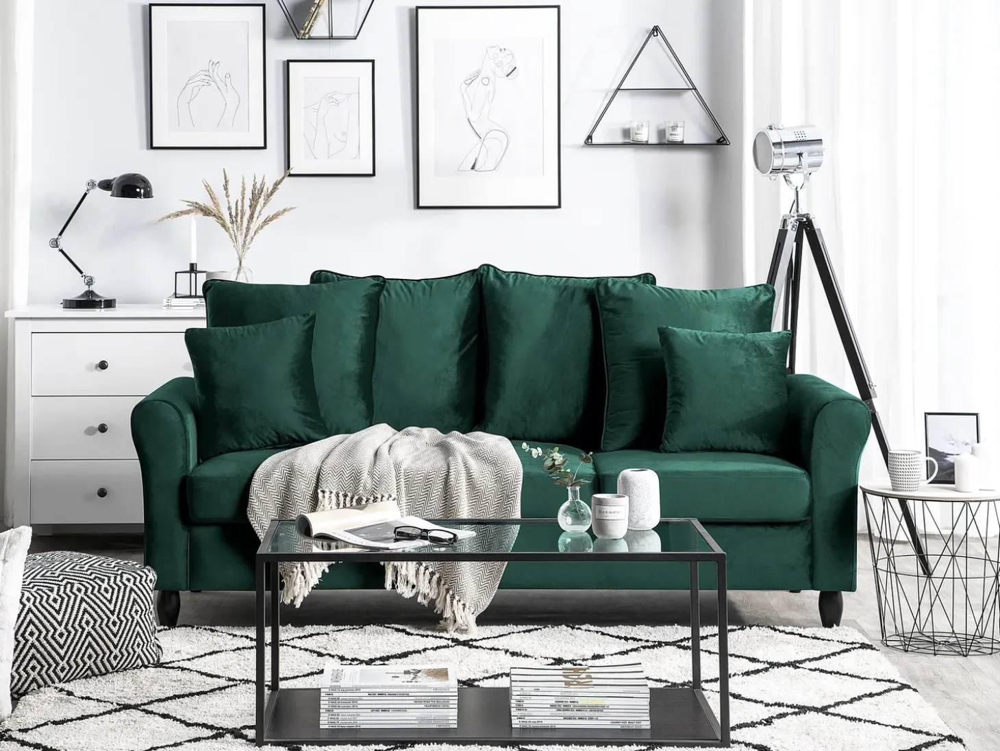New Sofa dla 3 osób BORNHOLM Welur Ciemnozielony Sofy Tapicerowane|Wszystkie Sofy