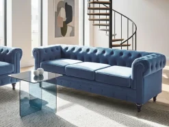 New Sofa dla 3 osób CHESTERFIELD Welur Granatowy Sofy Tapicerowane|Kolekcje Sof