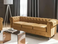 Discount Sofa dla 3 osób CHESTERFIELD Welur Złoty Sofy Tapicerowane|Kolekcje Sof
