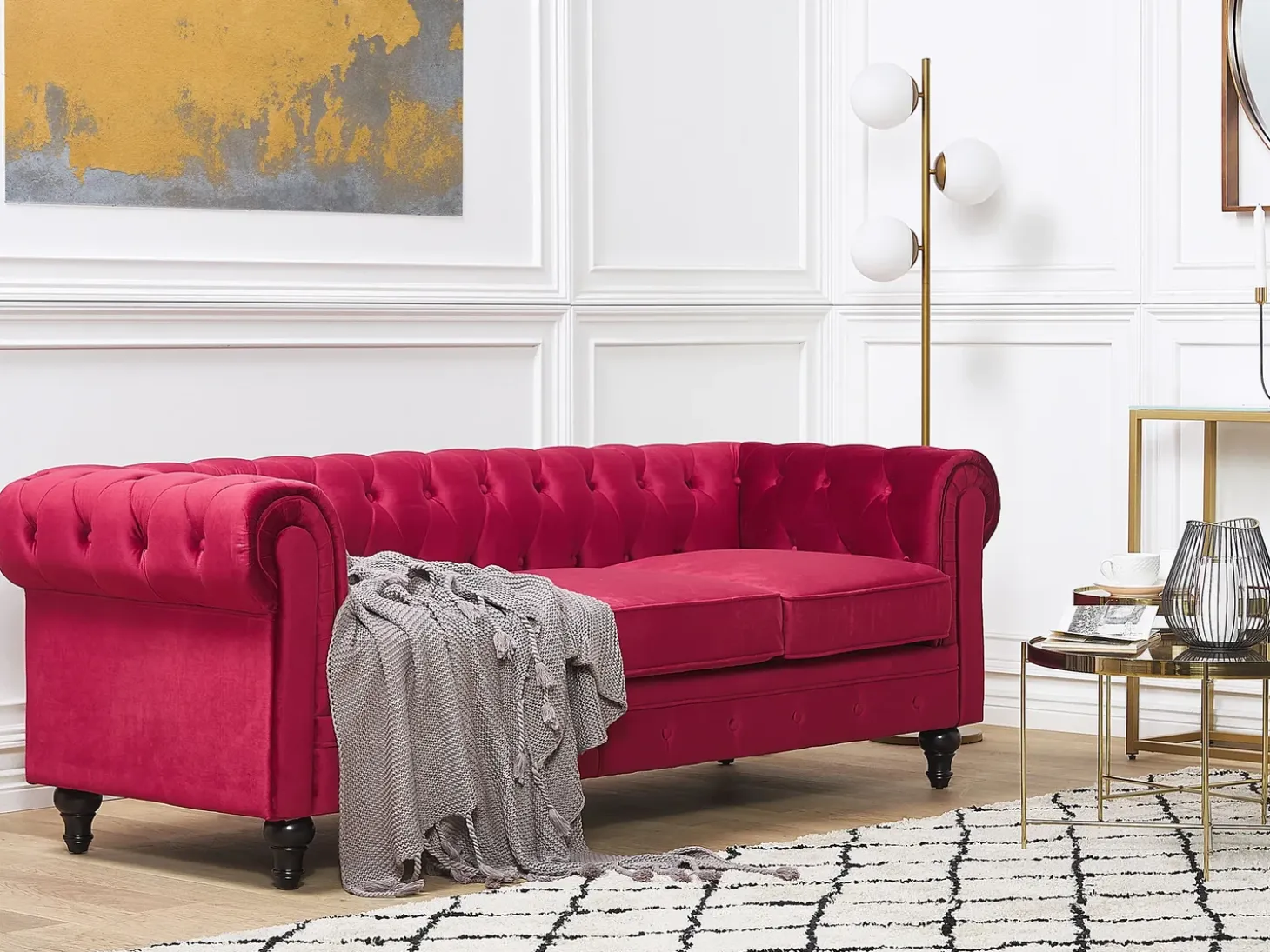 Discount Sofa dla 3 osób CHESTERFIELD Welur Bordowy Sofy Tapicerowane|Kolekcje Sof