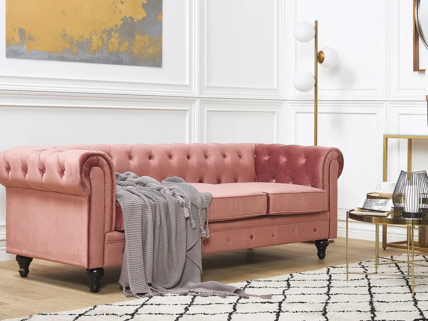 Best Sofa dla 3 osób CHESTERFIELD Welur Różowy Sofy Tapicerowane|Kolekcje Sof