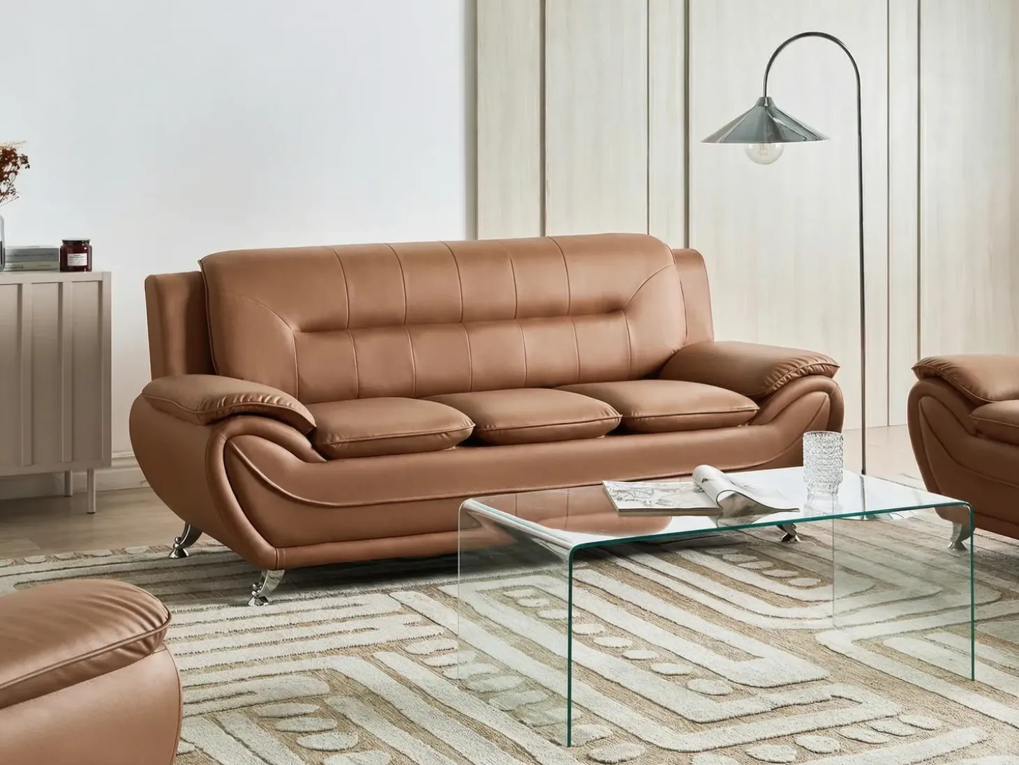 Best Sofa dla 3 osób LEIRA Ekoskóra Złoty brąz Kolekcje Sof|Sofy Skórzane