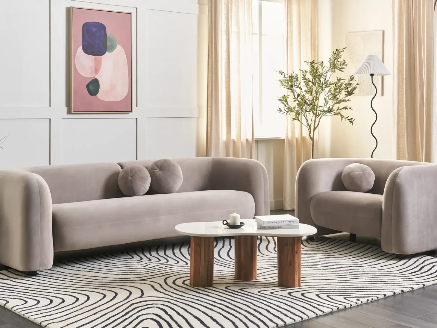 New Sofa dla 3 osób LEIREN Welur Beżowoszary Sofy Tapicerowane|Kolekcje Sof