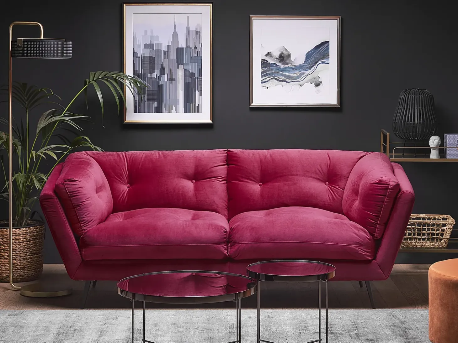 Clearance Sofa dla 3 osób LENVIK Welur Burgundowy Sofy Tapicerowane|Wszystkie Sofy