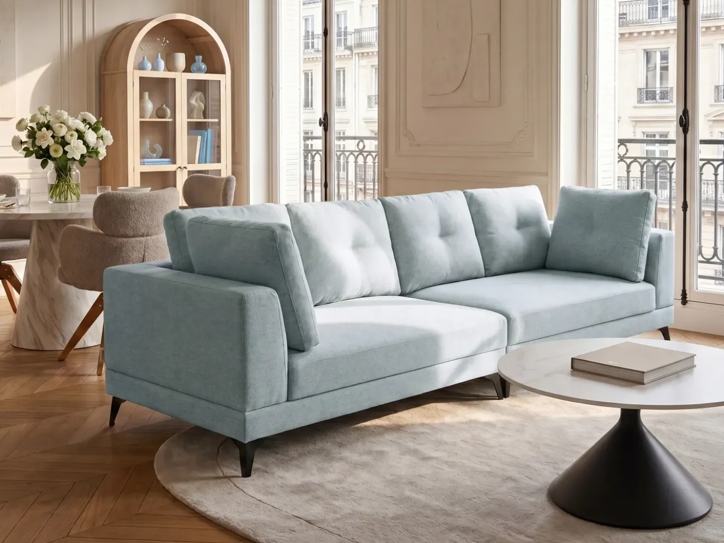 New Sofa dla 4 osób MARUM Len syntetyczny Błękitny Sofy Tapicerowane|Wszystkie Sofy