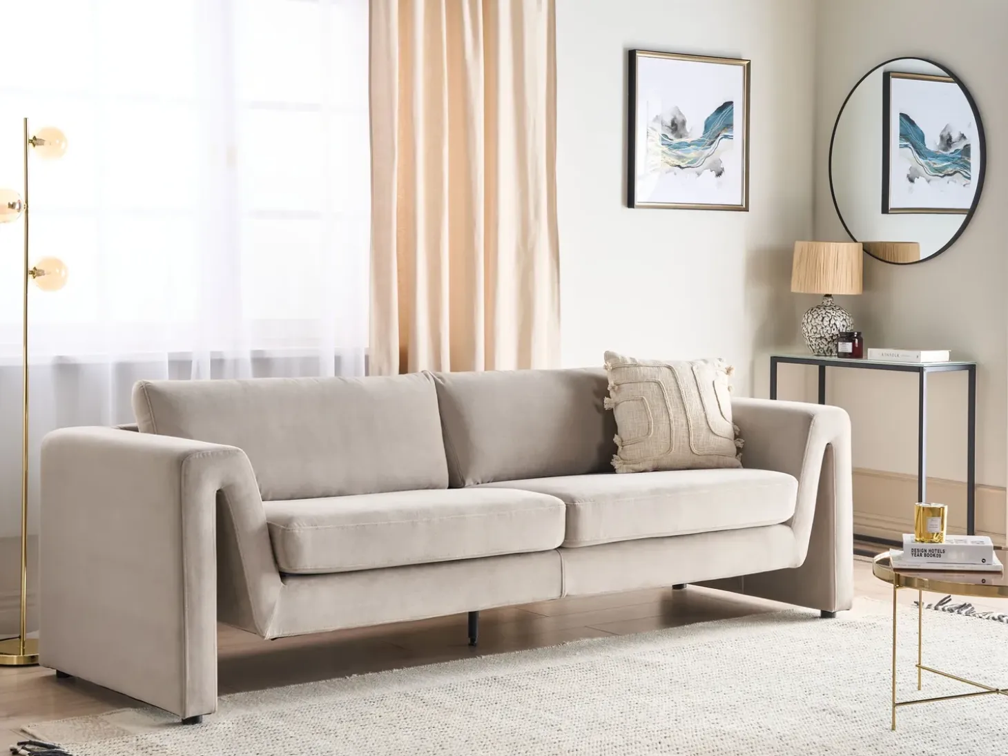 Best Sofa dla 3 osób MAUNU Welur Beżowoszary Sofy Tapicerowane|Wszystkie Sofy
