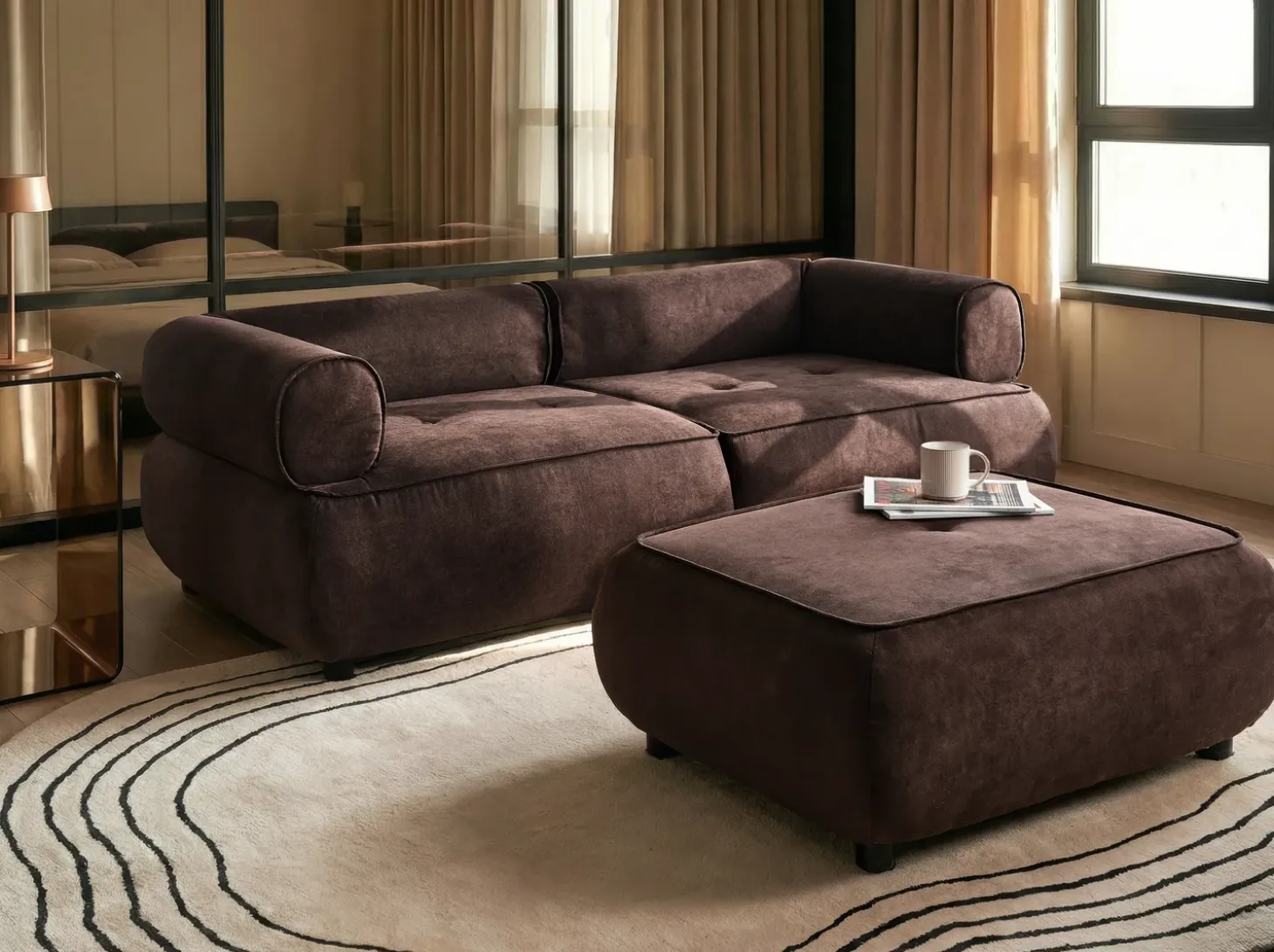 Online Sofa dla 3 osób SALLA Ciemnobrązowy z otomaną Sofy Tapicerowane|Kolekcje Sof