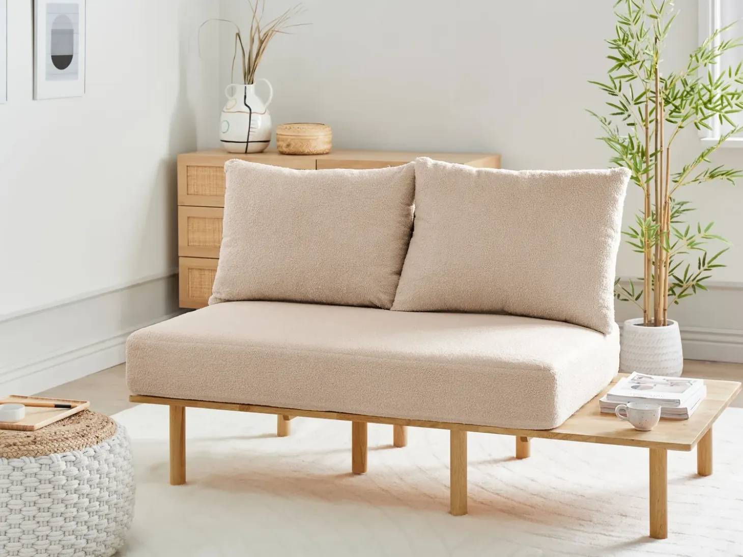 Sale Sofa dla 2 osób SALO Boucle Beżowy ze stolikami Sofy Tapicerowane|Sofy Dwuosobowe