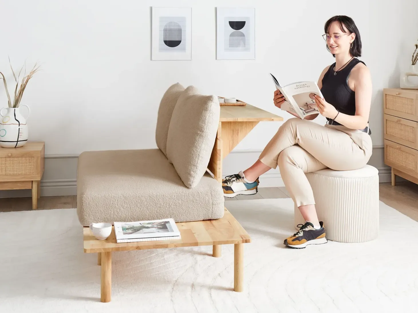 Sale Sofa dla 2 osób SALO Boucle Beżowy ze stolikami Sofy Tapicerowane|Sofy Dwuosobowe