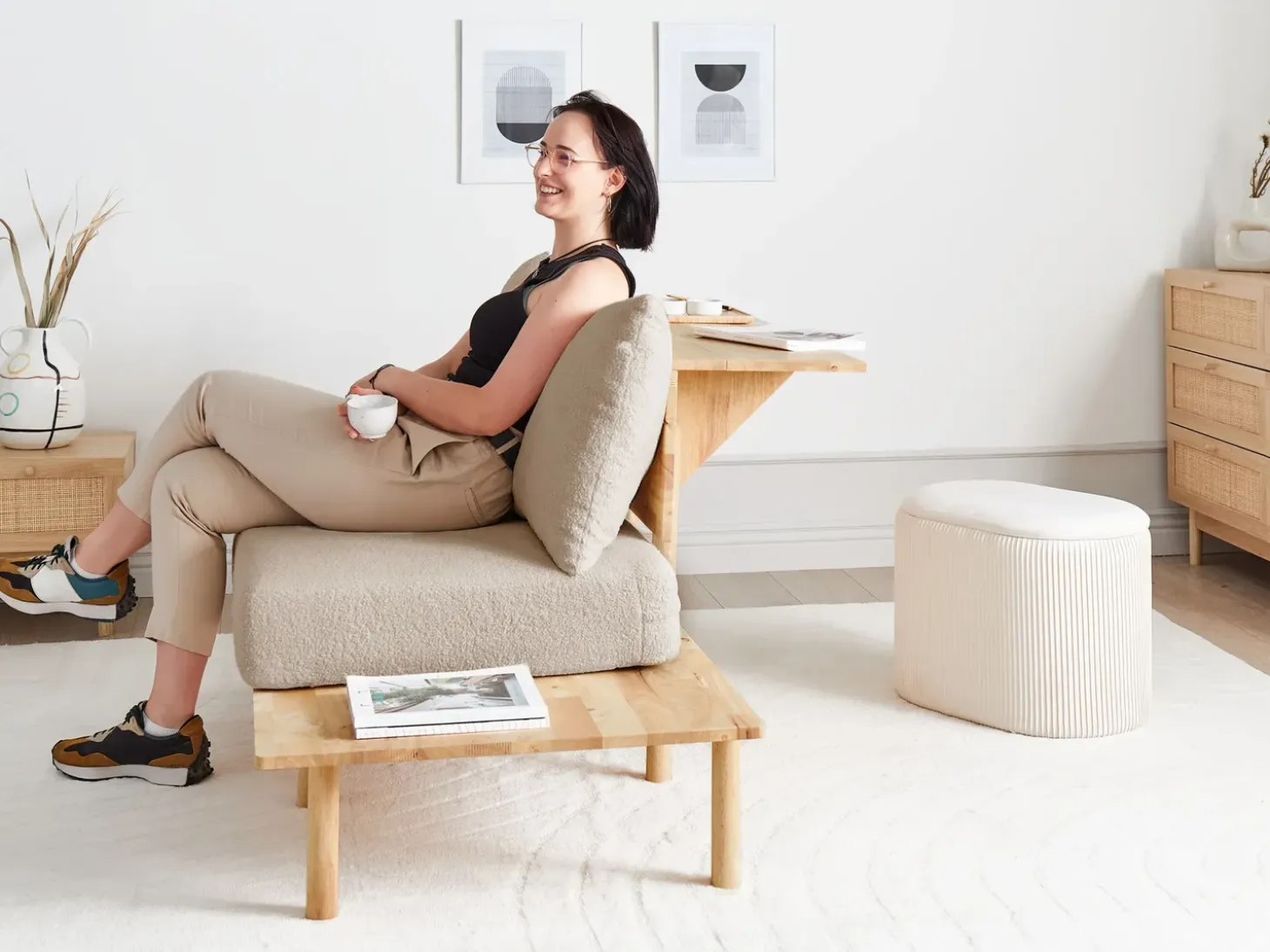 Sale Sofa dla 2 osób SALO Boucle Beżowy ze stolikami Sofy Tapicerowane|Sofy Dwuosobowe