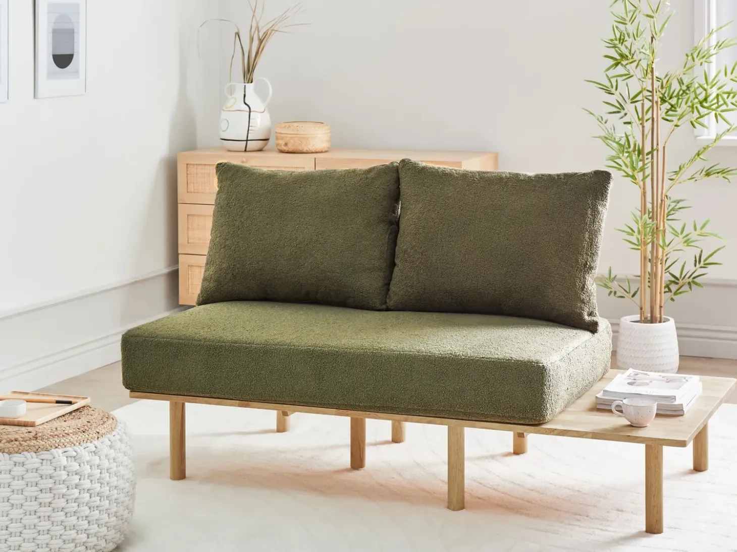 Sofa dla 2 osób SALO Boucle Ciemnozielony ze stolikami Sofy Tapicerowane|Sofy Dwuosobowe