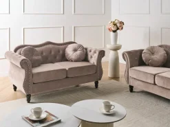 Hot Sofa dla 2 osób SKIEN Welur Beżowoszary Sofy Tapicerowane|Sofy Dwuosobowe