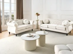 New Sofa dla 2 osób SKIEN Welur Jasnobeżowy Sofy Tapicerowane|Sofy Dwuosobowe