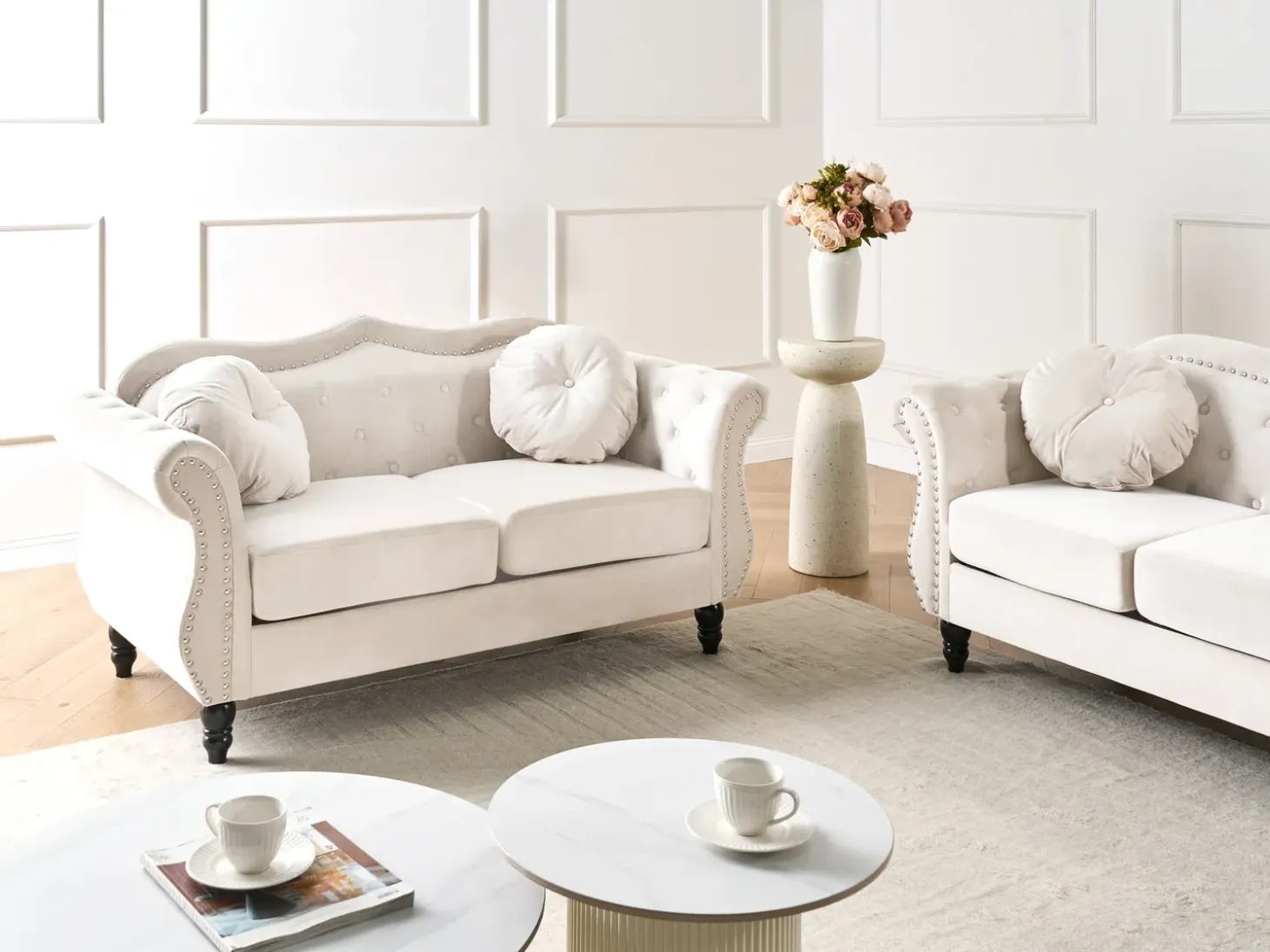 New Sofa dla 2 osób SKIEN Welur Jasnobeżowy Sofy Tapicerowane|Sofy Dwuosobowe