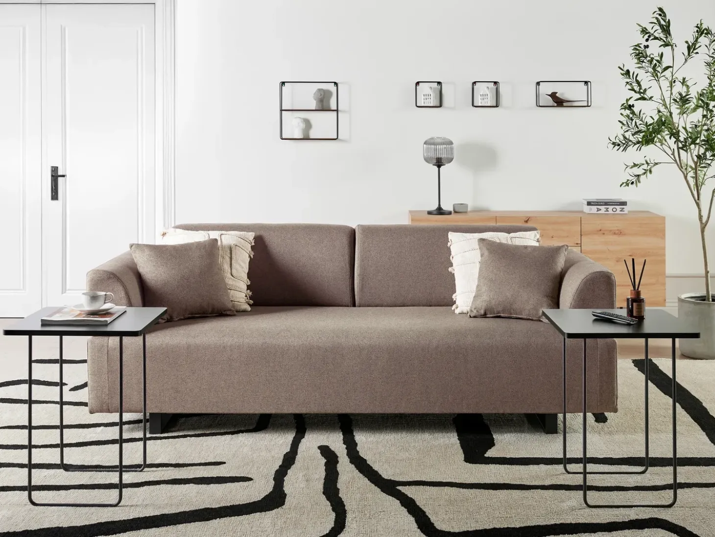 Online Sofa dla 3 osób SOKNA Beżowoszary ze stolikami Sofy Tapicerowane|Wszystkie Sofy