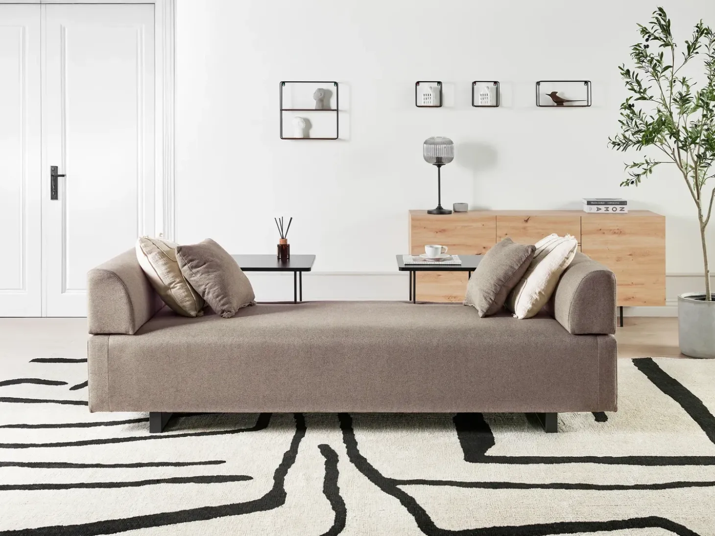 Online Sofa dla 3 osób SOKNA Beżowoszary ze stolikami Sofy Tapicerowane|Wszystkie Sofy