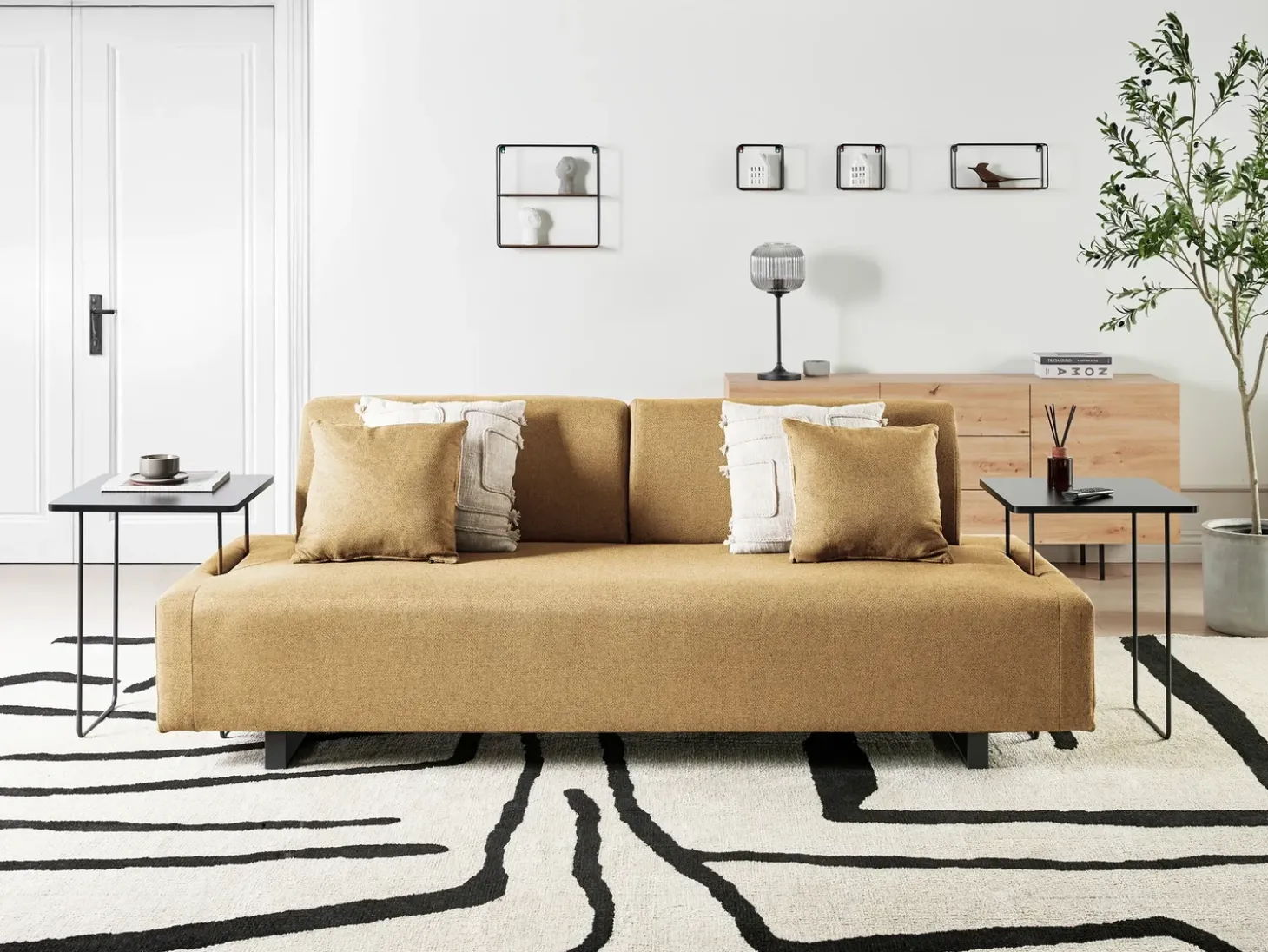 Clearance Sofa dla 3 osób SOKNA Musztardowy ze stolikami Sofy Tapicerowane|Wszystkie Sofy