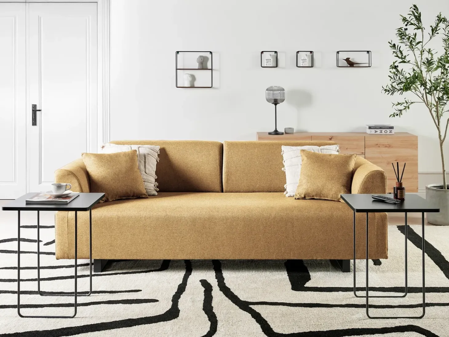Clearance Sofa dla 3 osób SOKNA Musztardowy ze stolikami Sofy Tapicerowane|Wszystkie Sofy