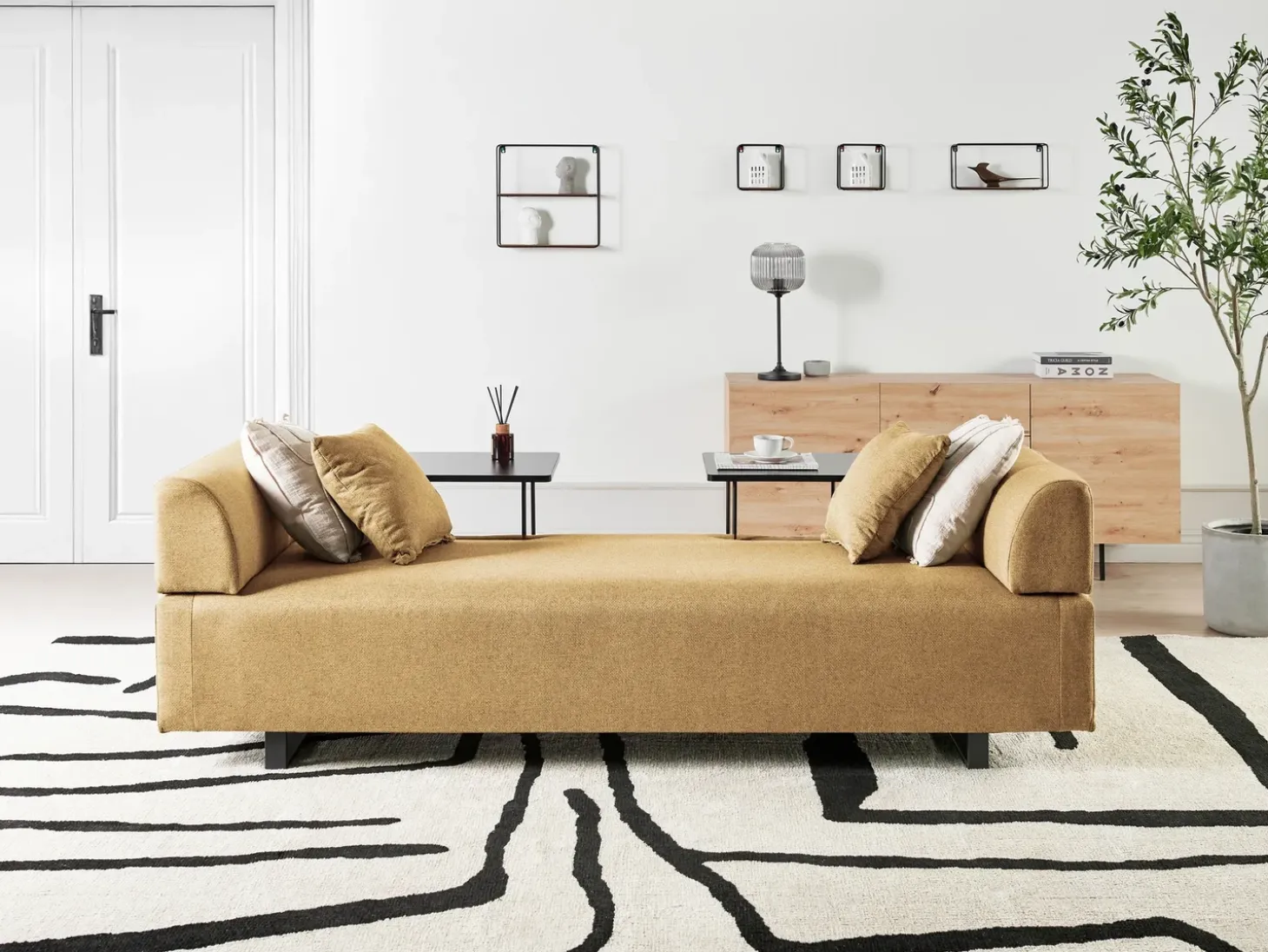 Clearance Sofa dla 3 osób SOKNA Musztardowy ze stolikami Sofy Tapicerowane|Wszystkie Sofy
