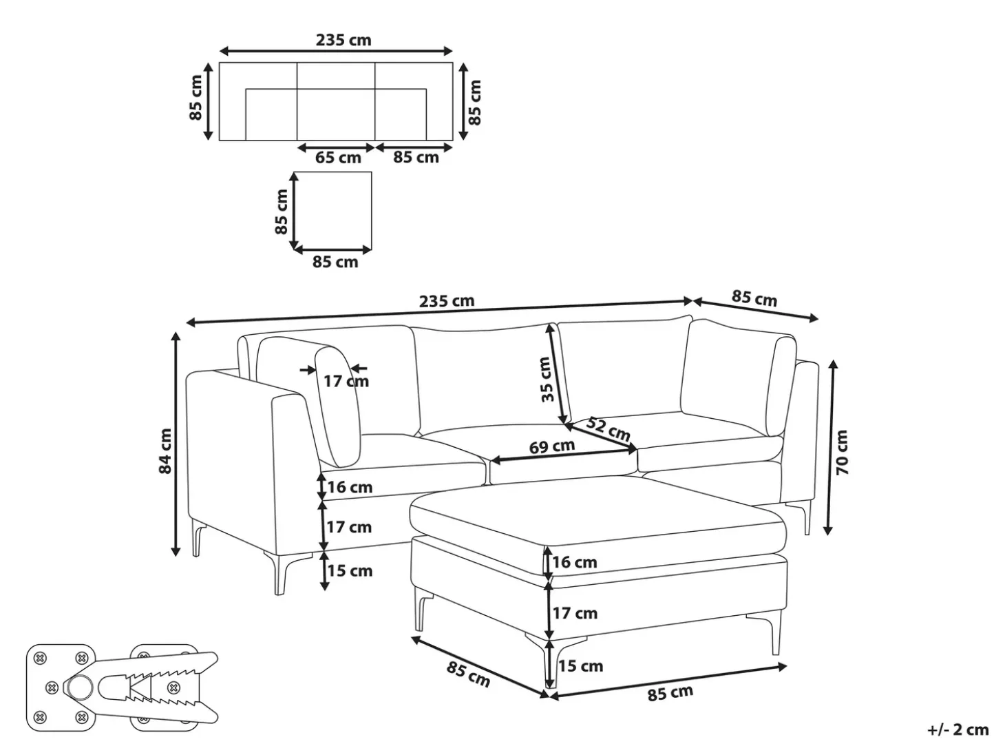Online Sofa modułowa dla 3 osób EVJA Granatowy Welur z otomaną Wszystkie Sofy|Kolekcje Sof
