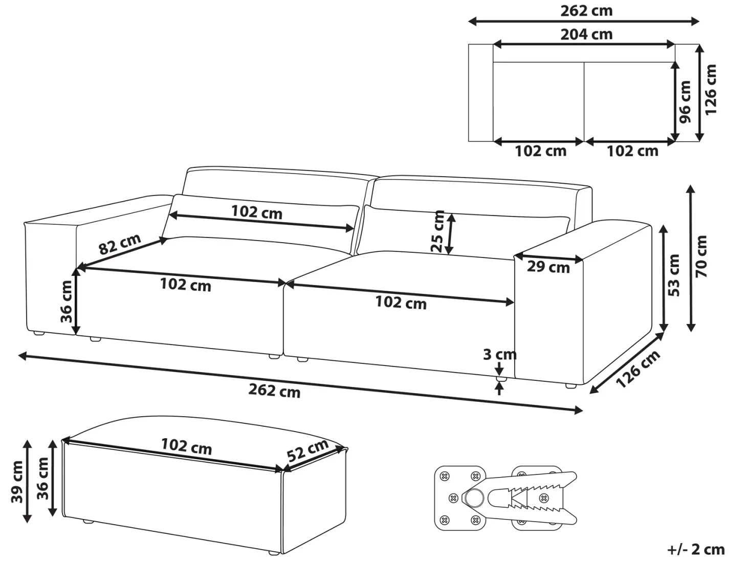 Sofa modułowa dla 3 osób HELLNAR Szary z otomaną
