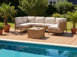 Sofa ogrodowa w kształcie U dla 6 osób OMEGANA Jasnobeżowy Technorattan Modułowy