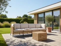Sofa ogrodowa ze stolikiem dla 4 osób OMEGANA Jasnobeżowy Technorattan Modułowy