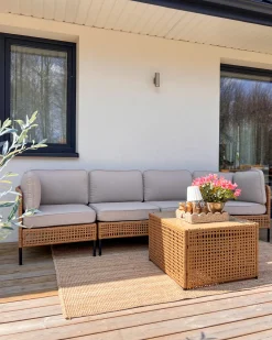 Sofa ogrodowa ze stolikiem dla 4 osób OMEGANA Jasnobeżowy Technorattan Modułowy