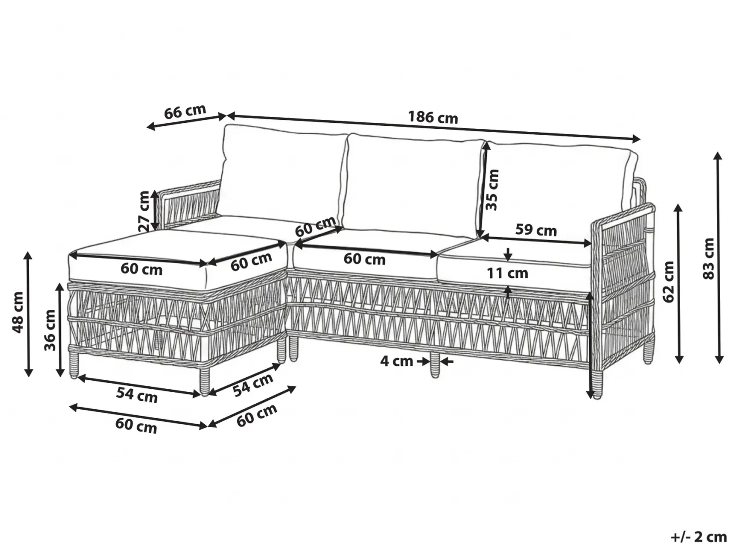 Sofa ogrodowa z otomaną dla 3 osób OFENA Technorattan Szary