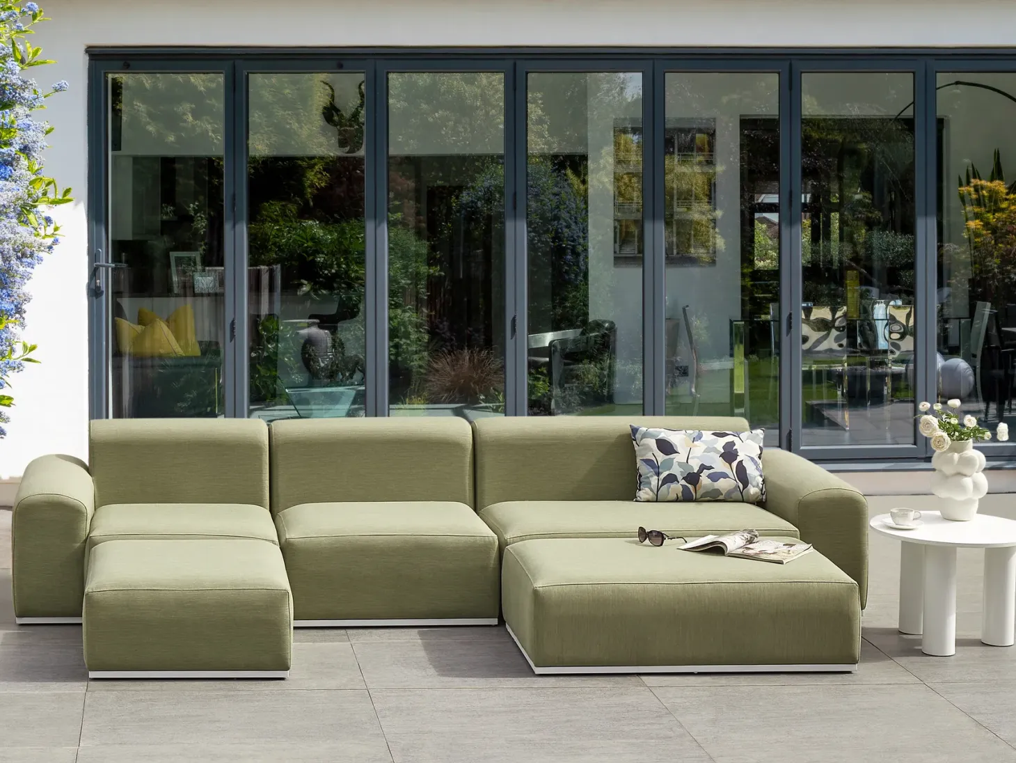 Sofa ogrodowa z otomaną dla 7 osób BATTIFOLLO Oliwkowy Modułowy