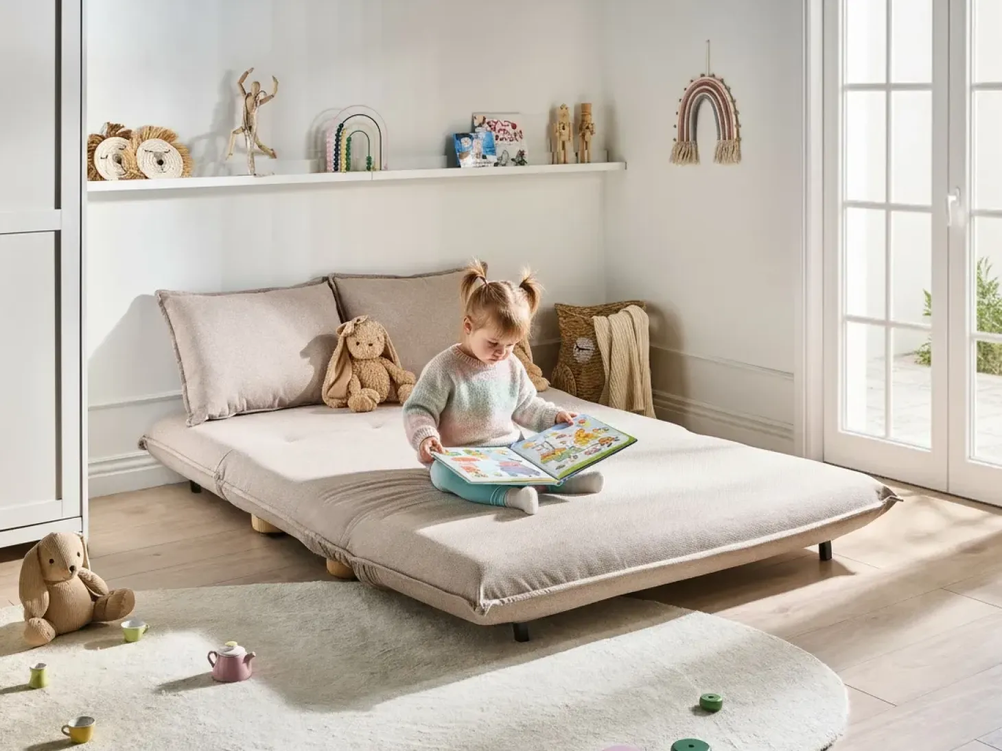Discount Sofa rozkładana dla 2 osób ABISKO Len syntetyczny Beżowy Dzieci Sofy Z Funkcją Spania|Wszystkie Sofy