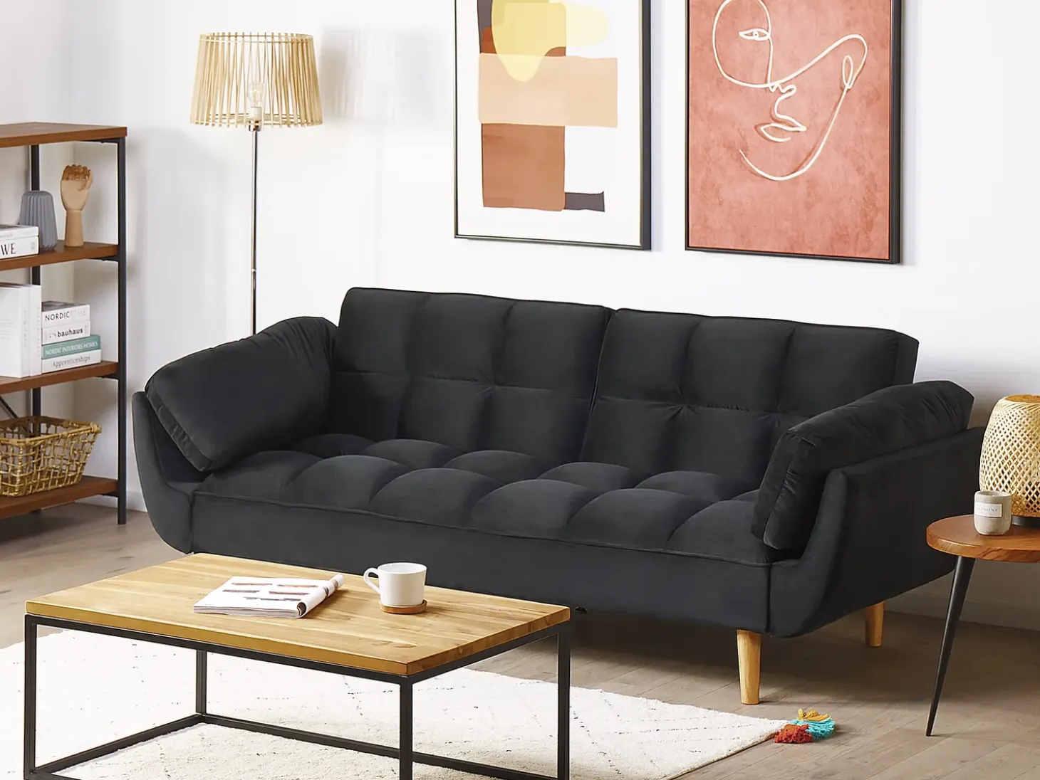 Online Sofa rozkładana dla 3 osób ASBY Welur Czarny Sofy Z Funkcją Spania|Wszystkie Sofy