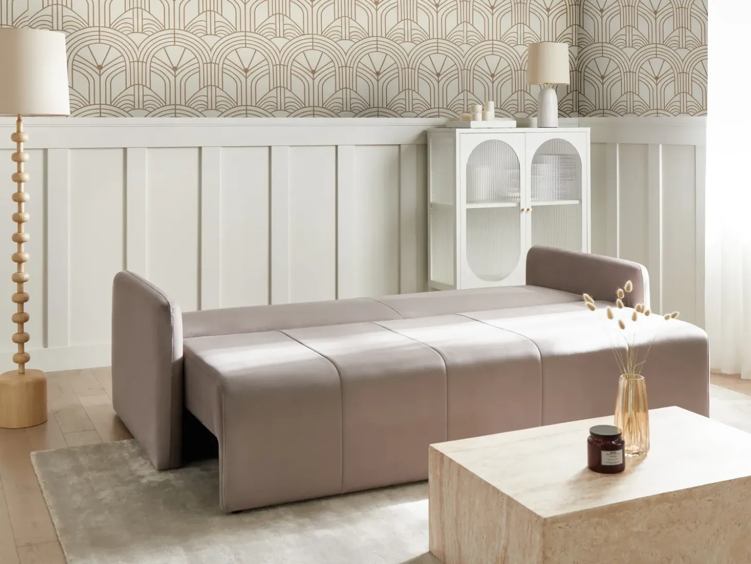 New Sofa rozkładana dla 3 osób EGGE Welur Beżowoszary Sofy Z Funkcją Spania|Wszystkie Sofy
