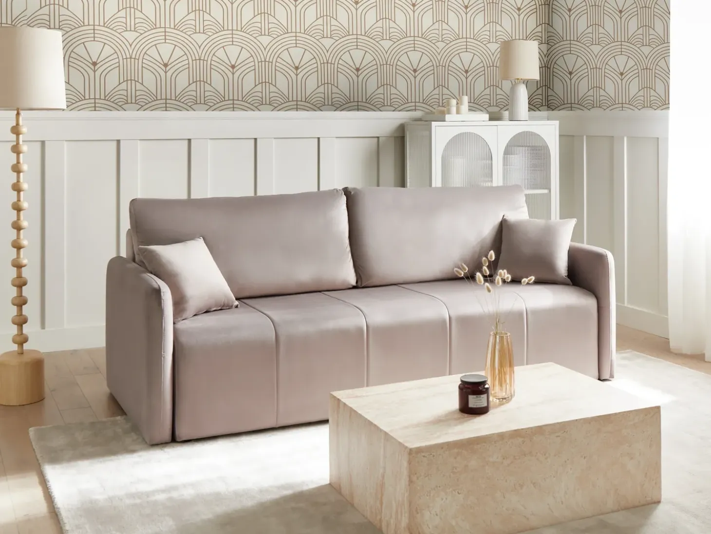 New Sofa rozkładana dla 3 osób EGGE Welur Beżowoszary Sofy Z Funkcją Spania|Wszystkie Sofy