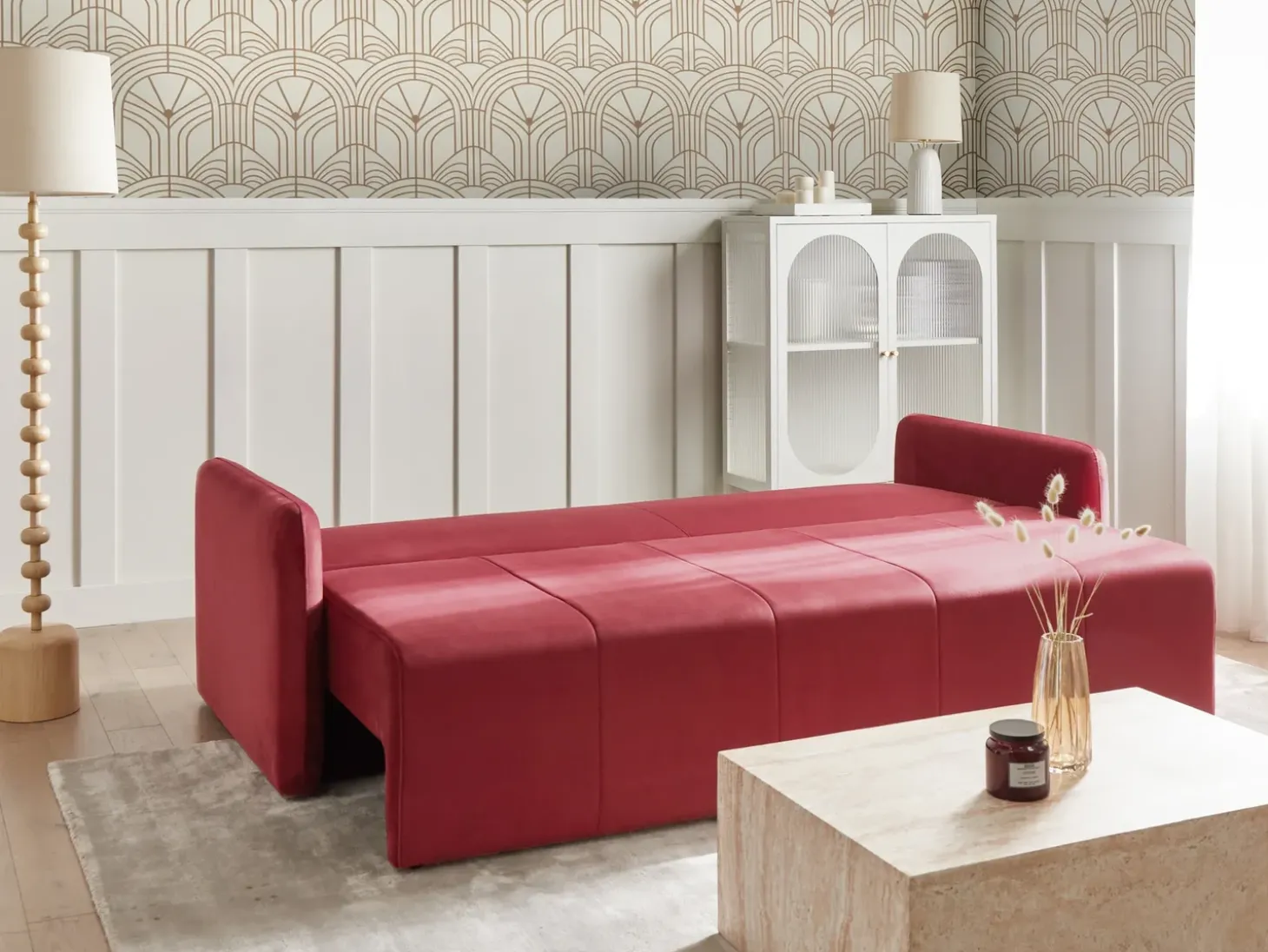 Sale Sofa rozkładana dla 3 osób EGGE Welur Burgundowy Sofy Z Funkcją Spania|Wszystkie Sofy