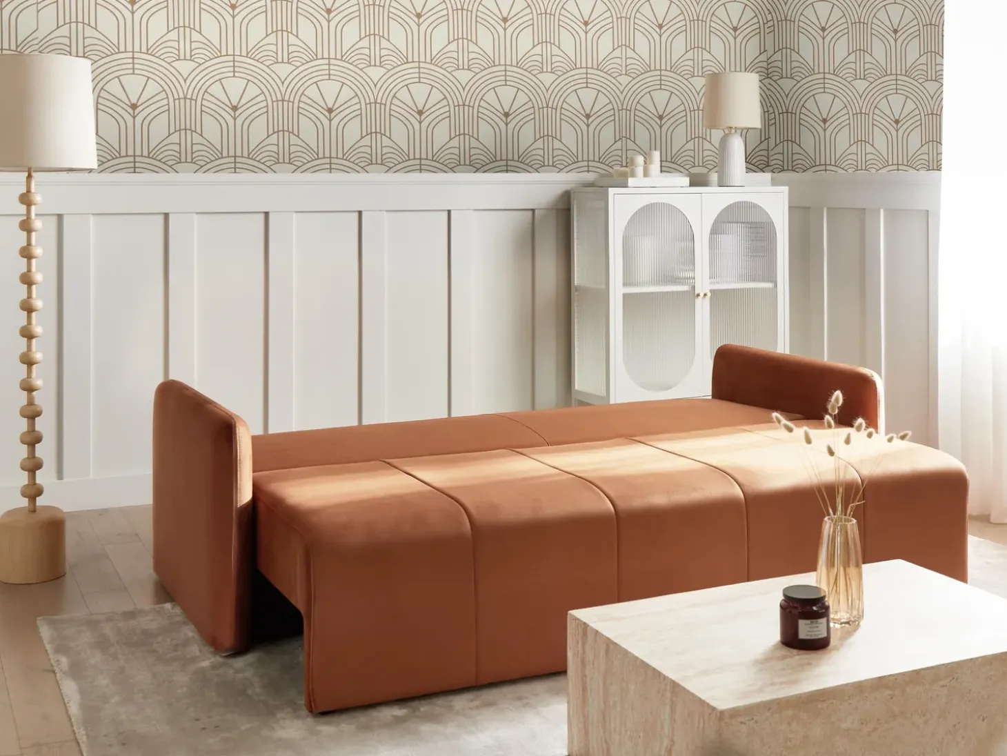 New Sofa rozkładana dla 3 osób EGGE Welur Złoty brąz Sofy Z Funkcją Spania|Wszystkie Sofy