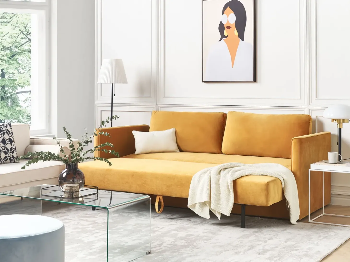Sale Sofa rozkładana dla 3 osób EKSJO Welur Musztardowy ze schowkiem Sofy Z Funkcją Spania|Wszystkie Sofy
