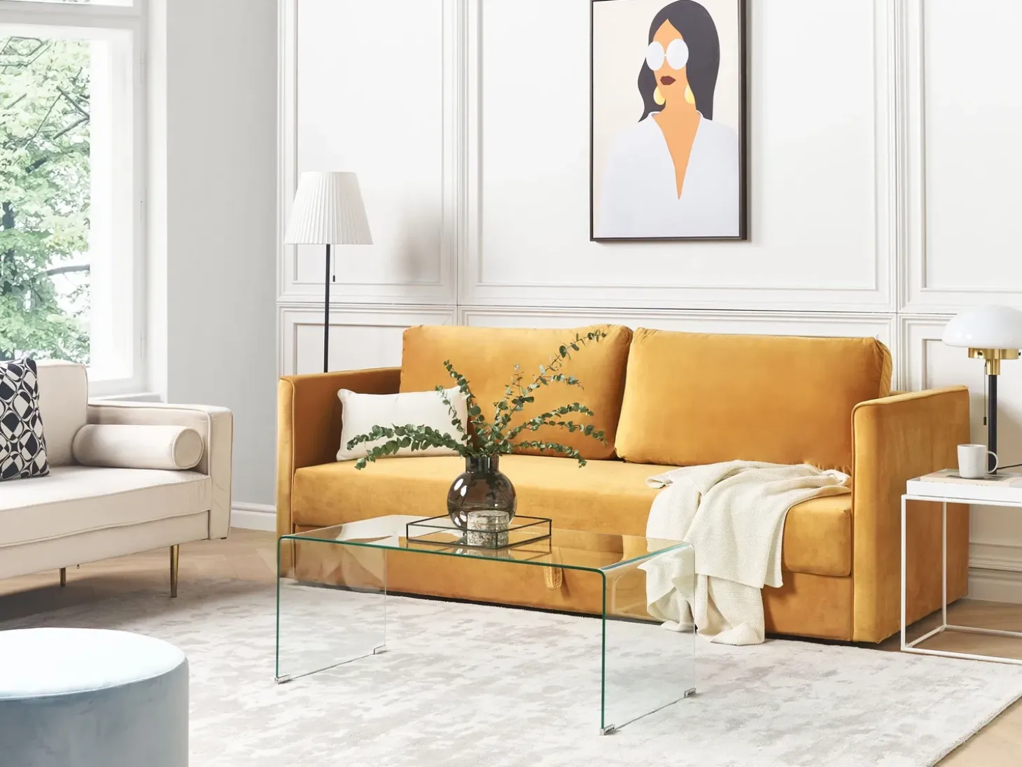 Sale Sofa rozkładana dla 3 osób EKSJO Welur Musztardowy ze schowkiem Sofy Z Funkcją Spania|Wszystkie Sofy