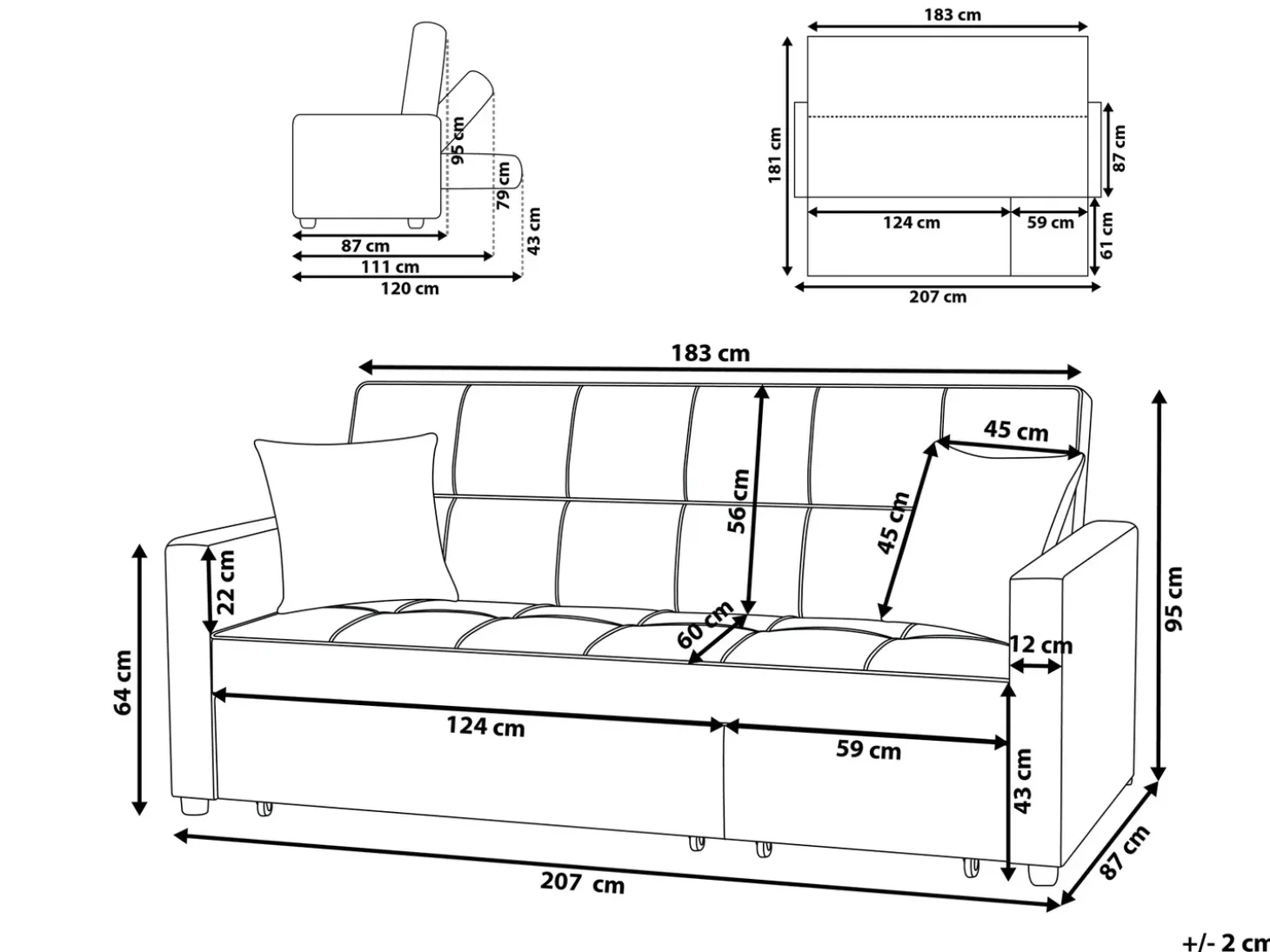 Sofa rozkładana dla 3 osób GLOMMA Czarny
