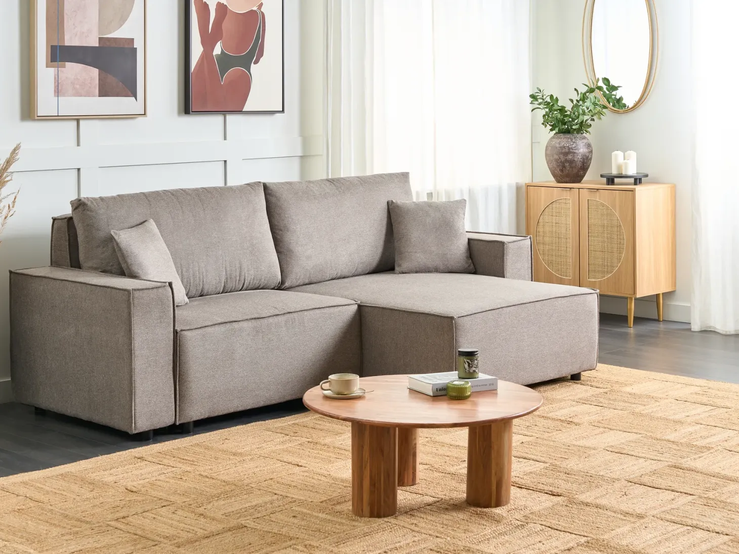 Sofa rozkładana dla 3 osób KARILA Beżowoszary ze schowkiem Lewostronny